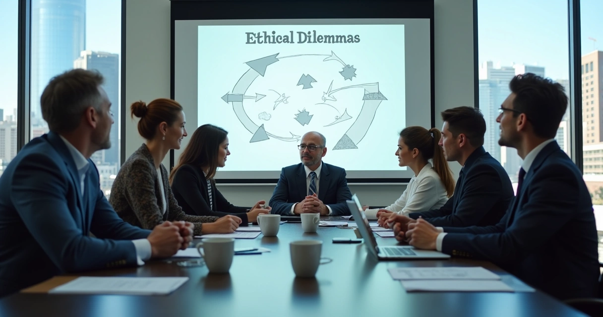 Business meeting in modern office with ethical dilemma charts on wall 