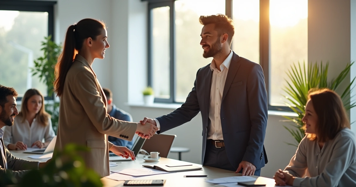 Two people shaking hands in a sunlit office, with colleagues discussing ethics in the background. 