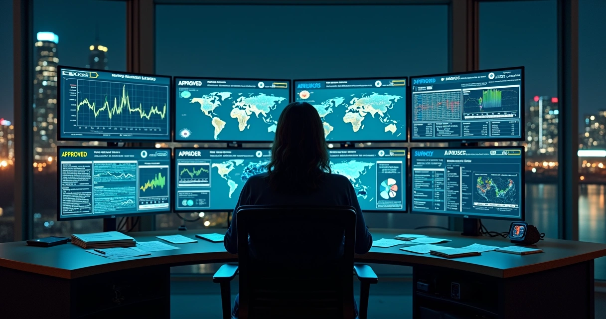 Executive alone in control room watching conflicting dashboards 