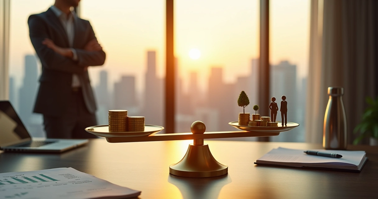 Businessperson balancing profit and social impact on golden scales 