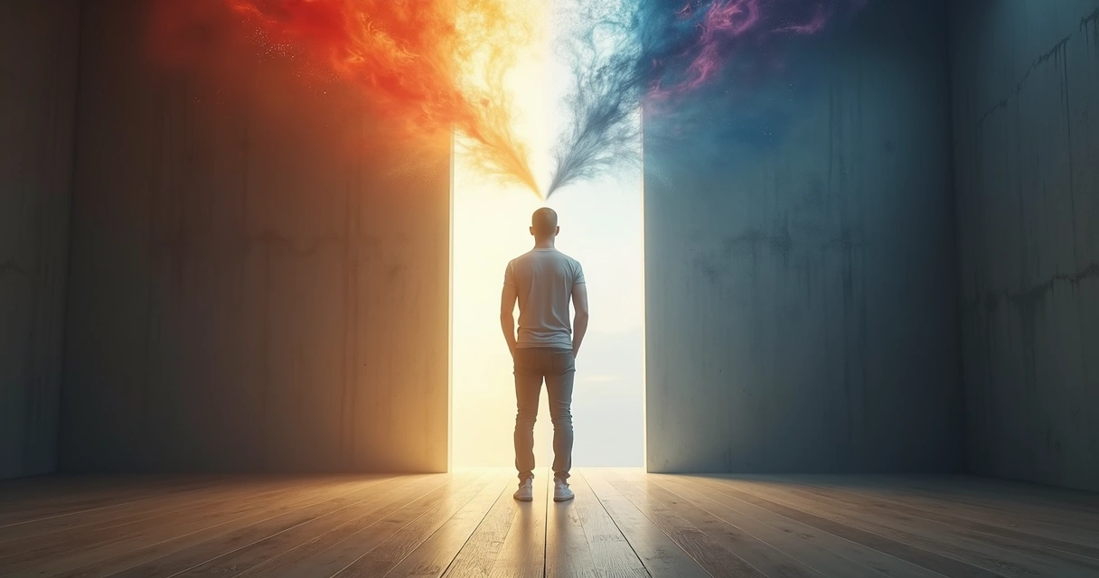 Person standing in a dim room with swirling light storms clashing around them 