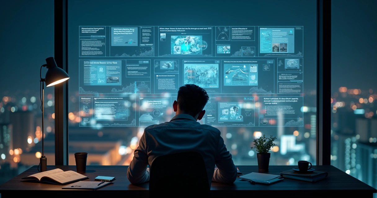 Exhausted worker alone in dim office surrounded by overlapping news screens 