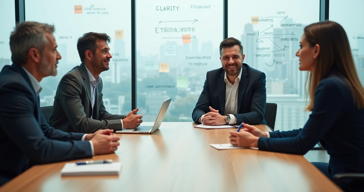 Diverse colleagues in a meeting giving and receiving feedback respectfully 