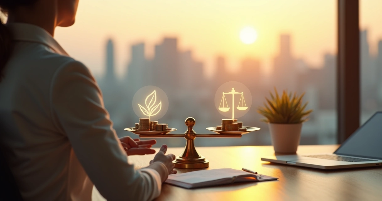 Businessperson holding balanced scale with money and values icons 