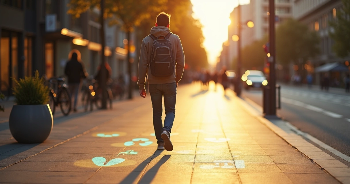 Person walking on city street leaving glowing ethical footprints 