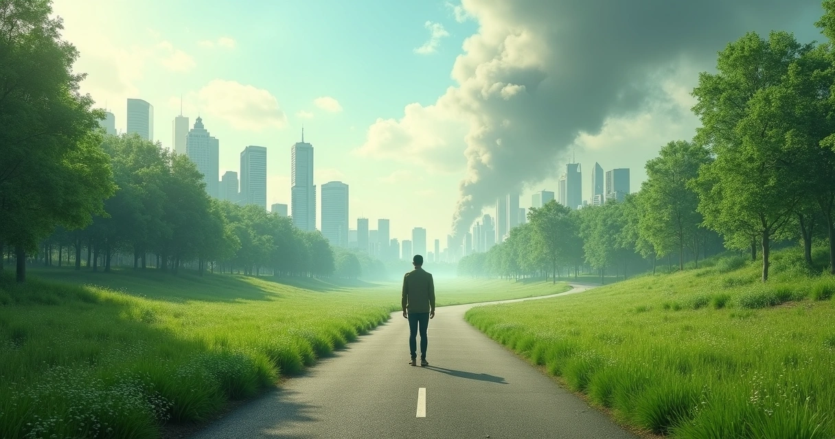 Person at crossroads choosing between green and polluted landscape, city and nature in background 