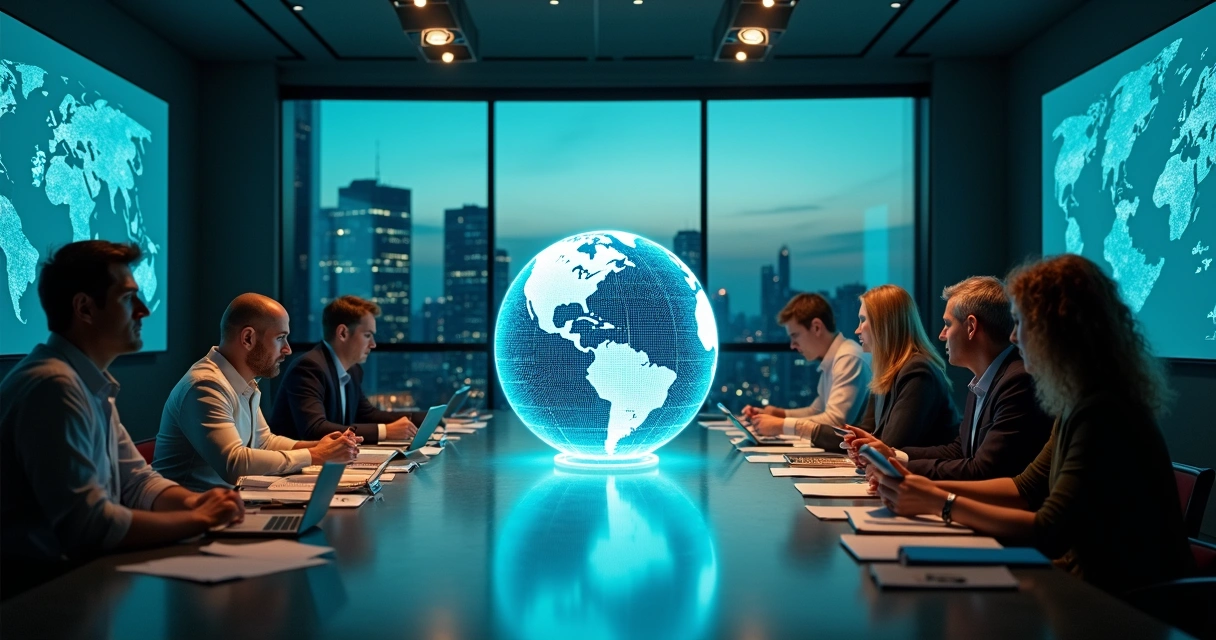 Diverse leaders around a glowing Earth debating ethical global decisions 