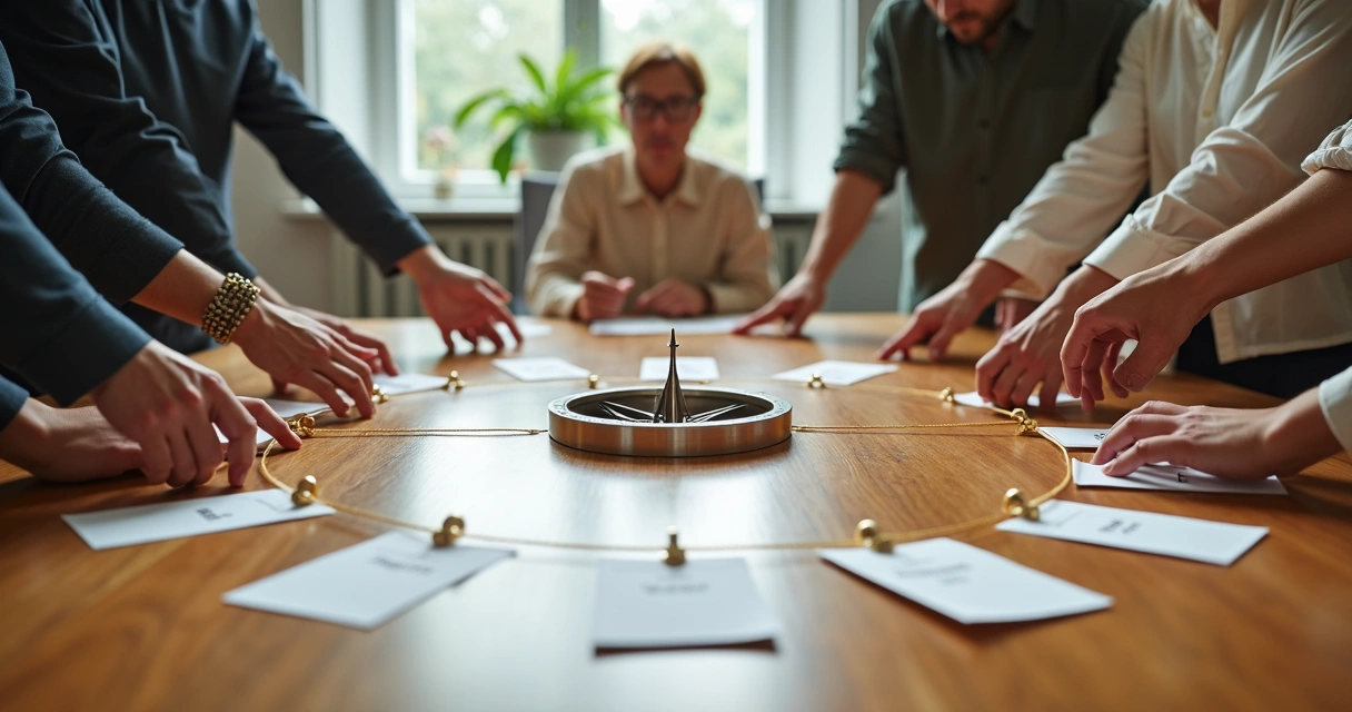 Large compass on a meeting table surrounded by people linking cards with questions 