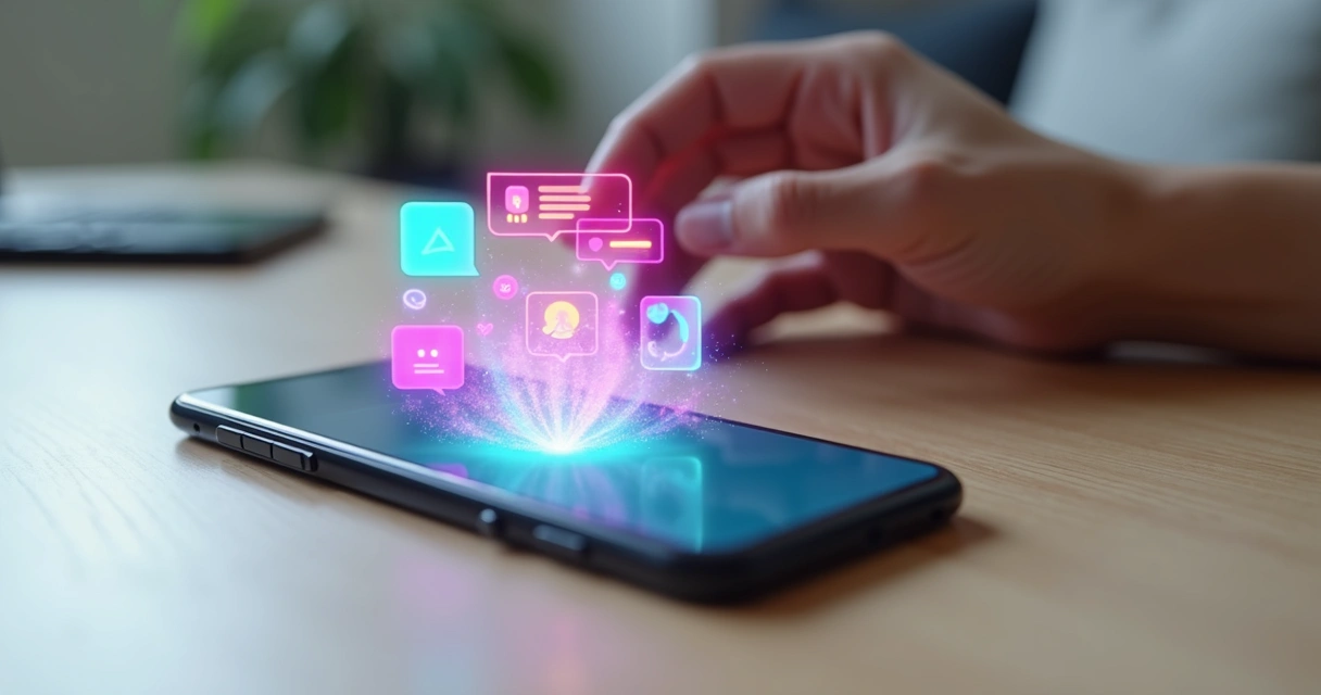 Phone screen with vibrant group chat briefly muted amid glowing digital storm around it 