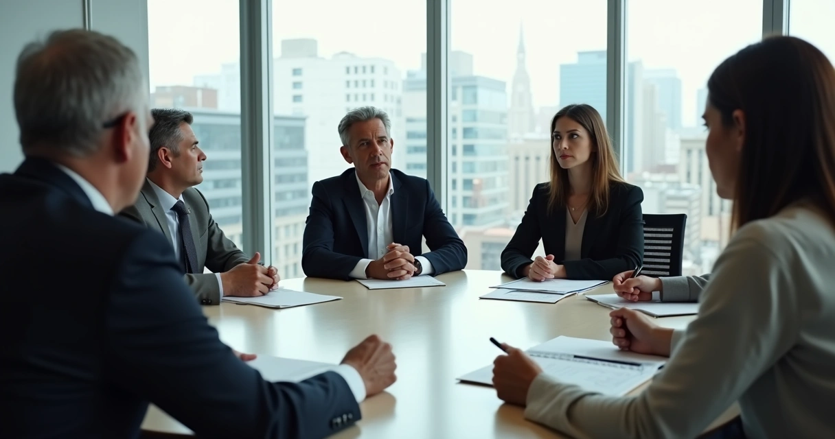 Colleagues discussing an ethical dilemma around a conference table 