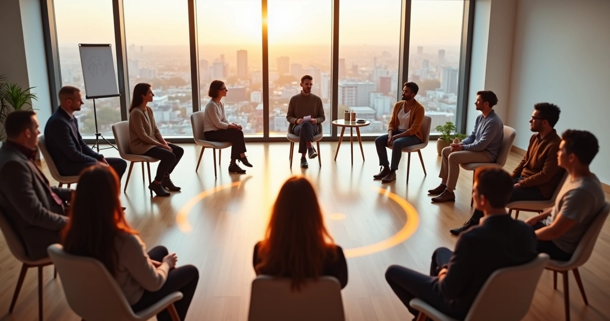 Facilitator in circular room guiding group with calm presence 