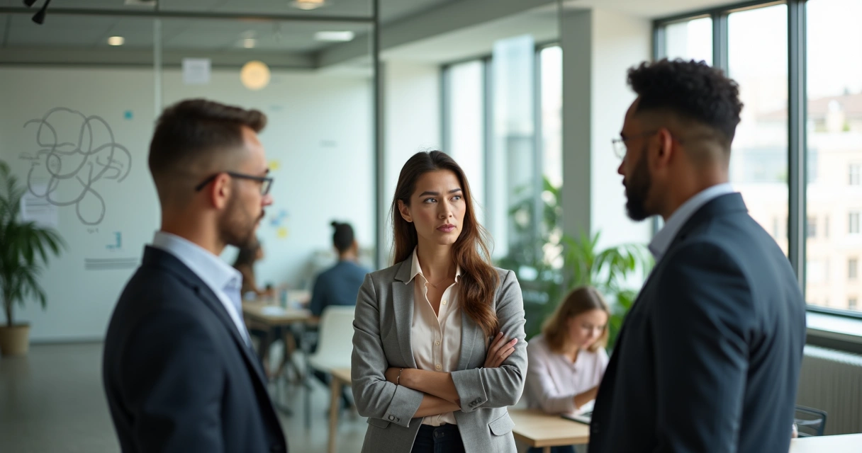 Professional woman calmly addressing two conflicted coworkers in a modern office 