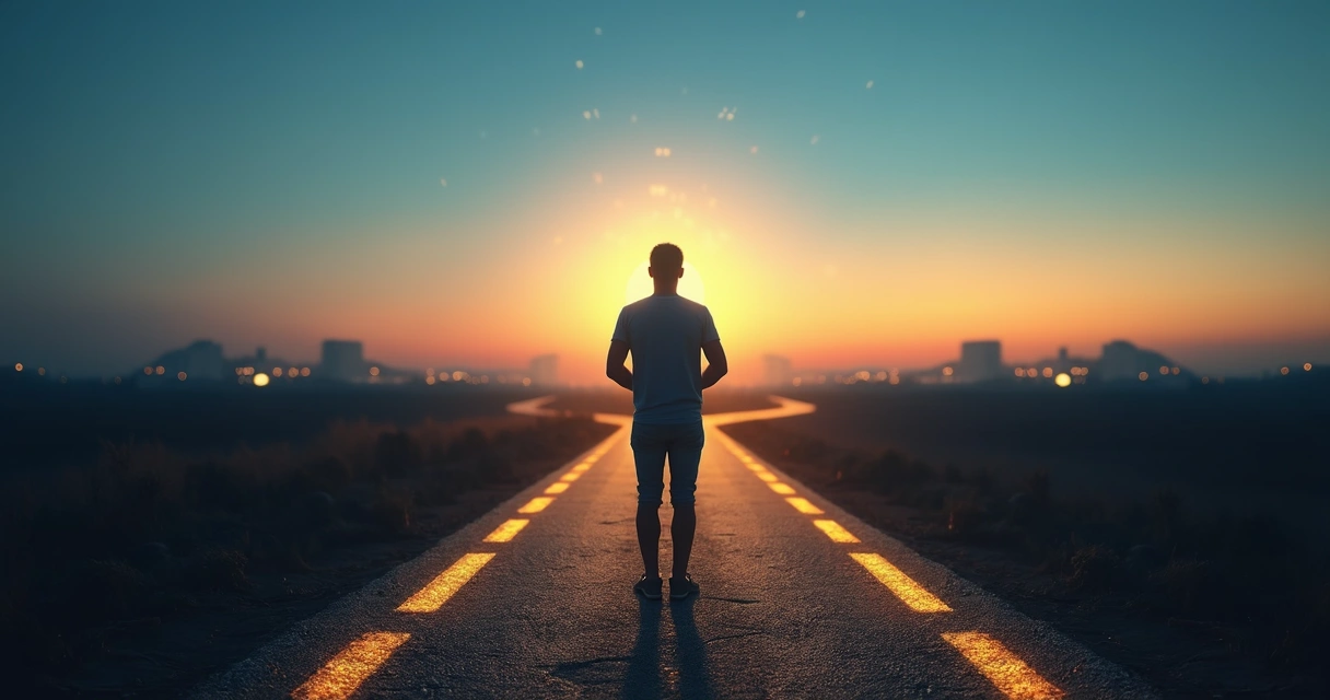 Person standing at a crossroads with divided light and shadow symbolizing ethical inner conflict 