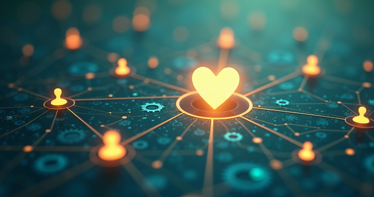 Abstract visual of ethical innovation with interconnected symbols and human icons