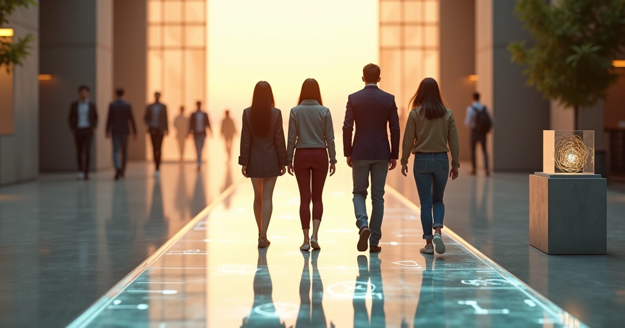 Team walking on glowing path toward ethical innovation horizon 