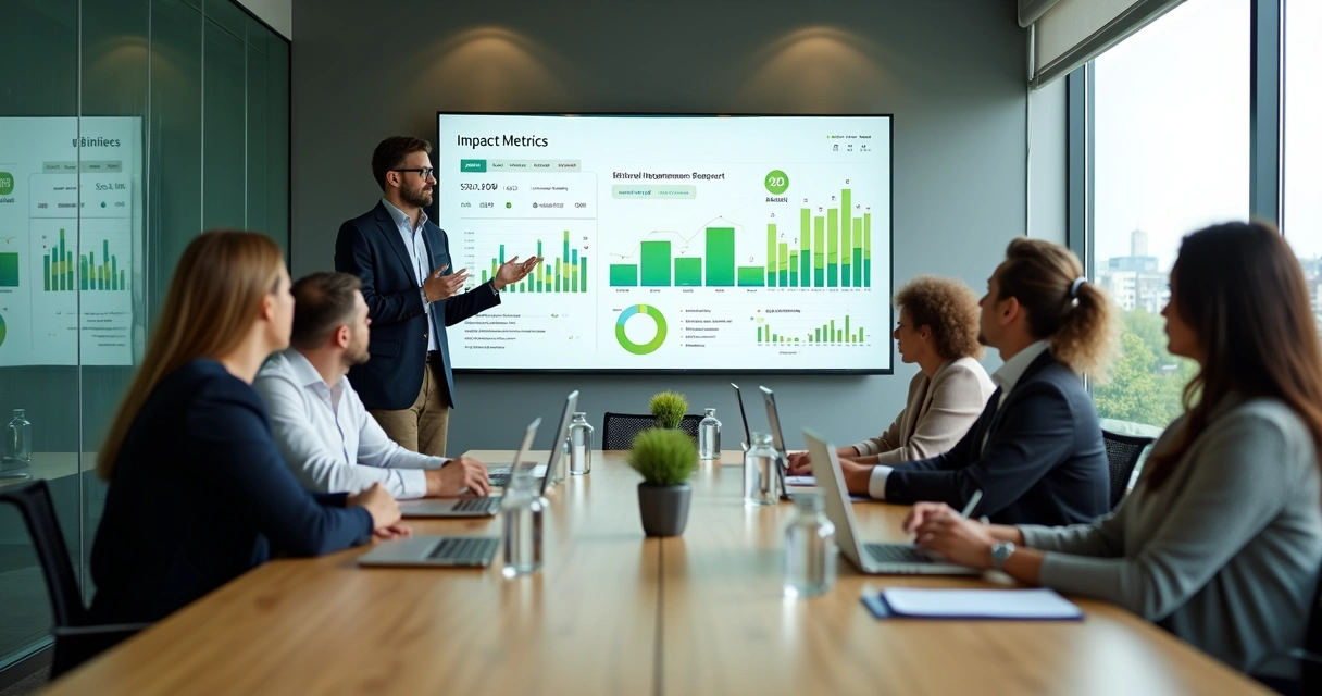 Business leader presenting ethical impact metrics dashboard to diverse team 