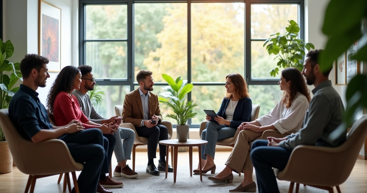People in a modern office gathered in a circle having an open and supportive discussion 