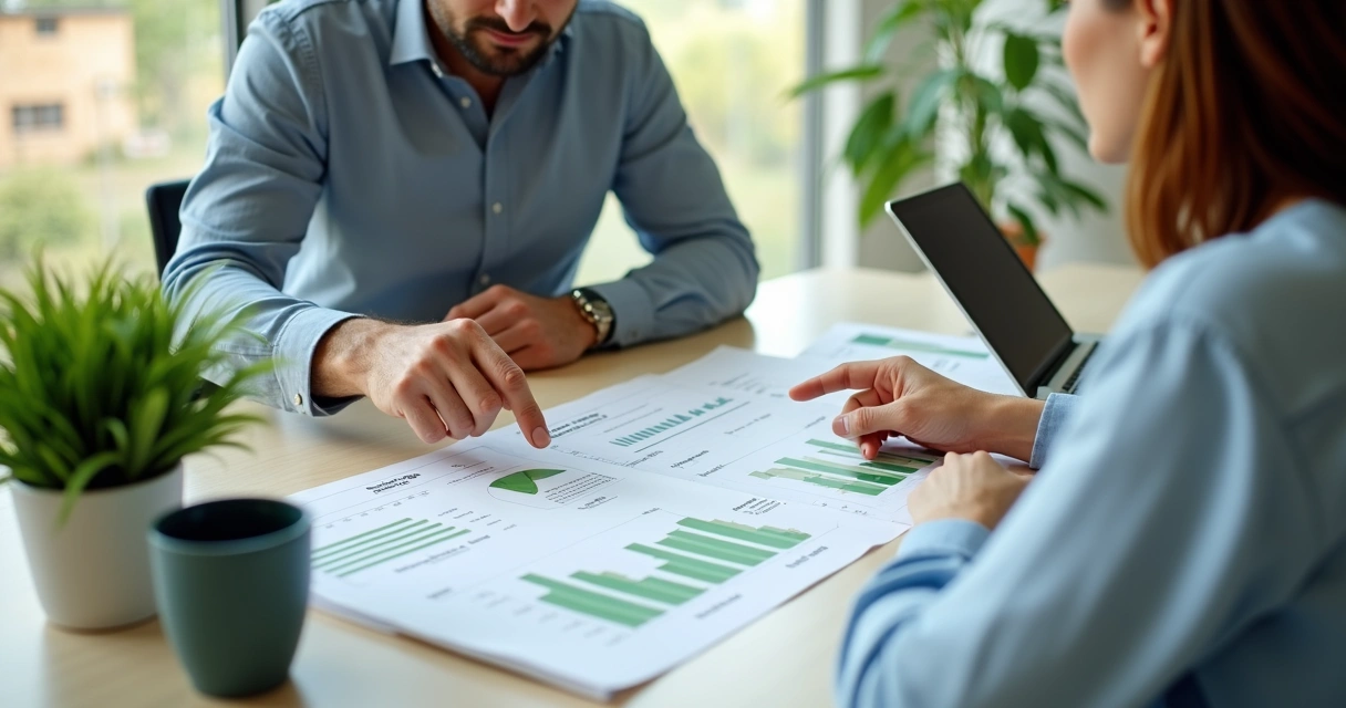 Two people discussing ethical investments at a bright desk with charts 