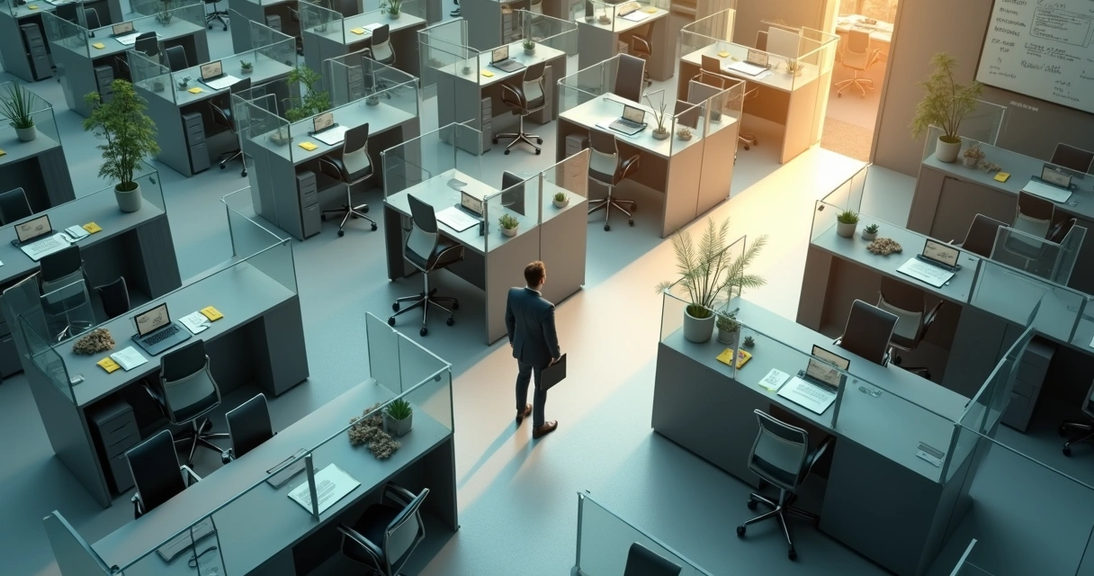Overhead view of a professional walking through a maze-shaped office floor 