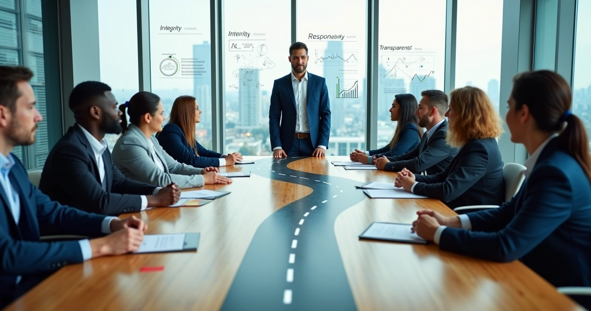 Business leader at crossroads table guiding team toward ethical choice 