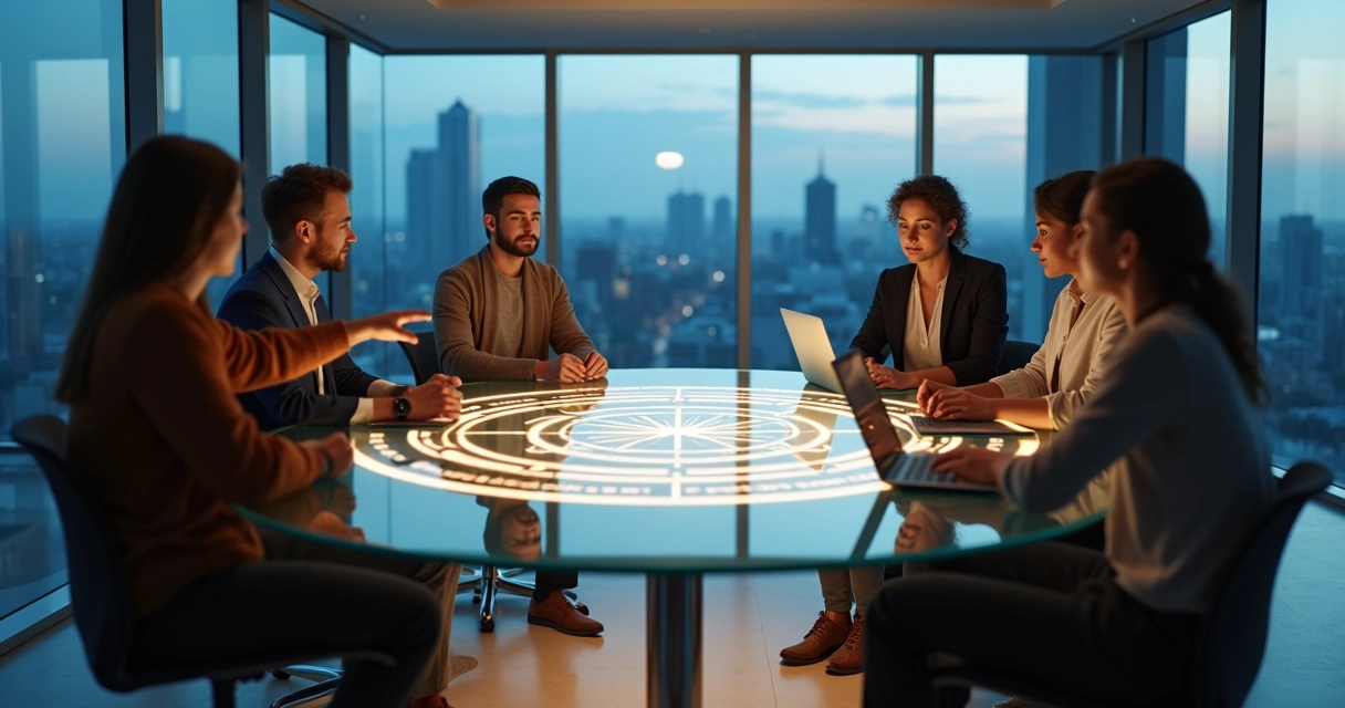 Diverse team around a transparent table lit by a compass-shaped light on the floor 