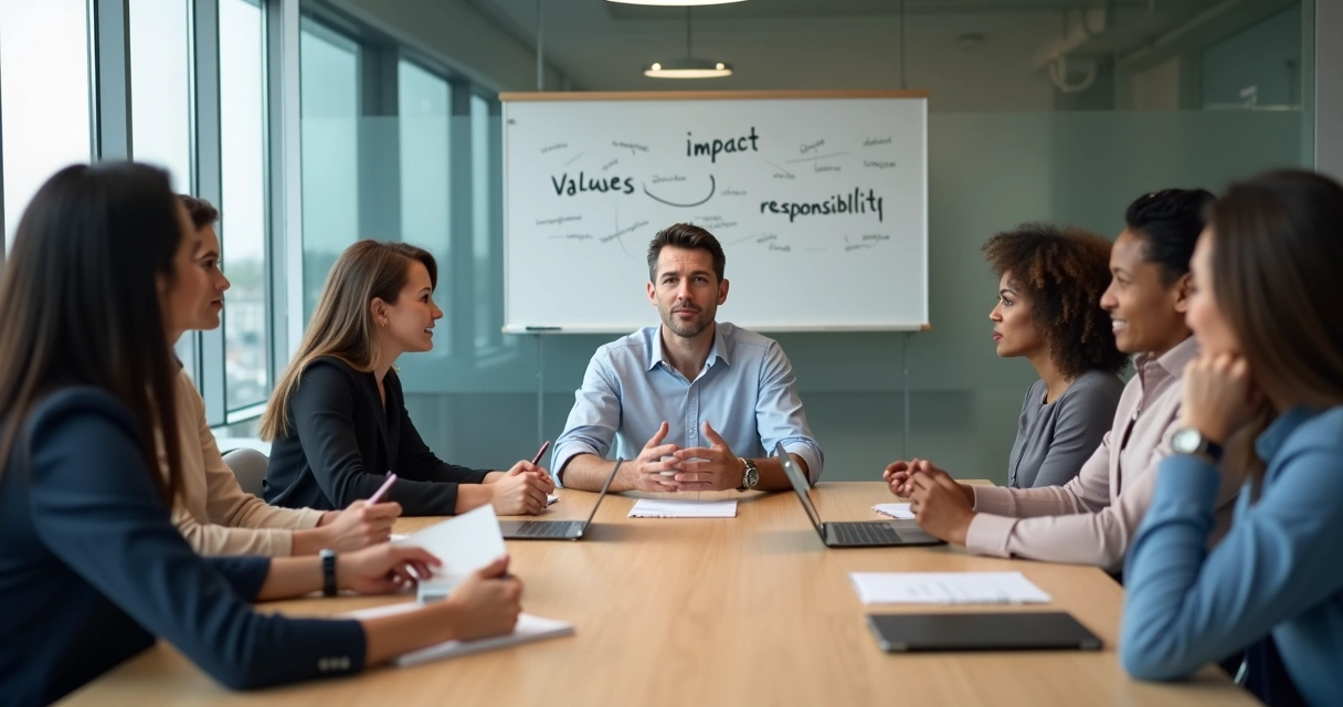 Leader speaking with diverse team around a table in thoughtful discussion 