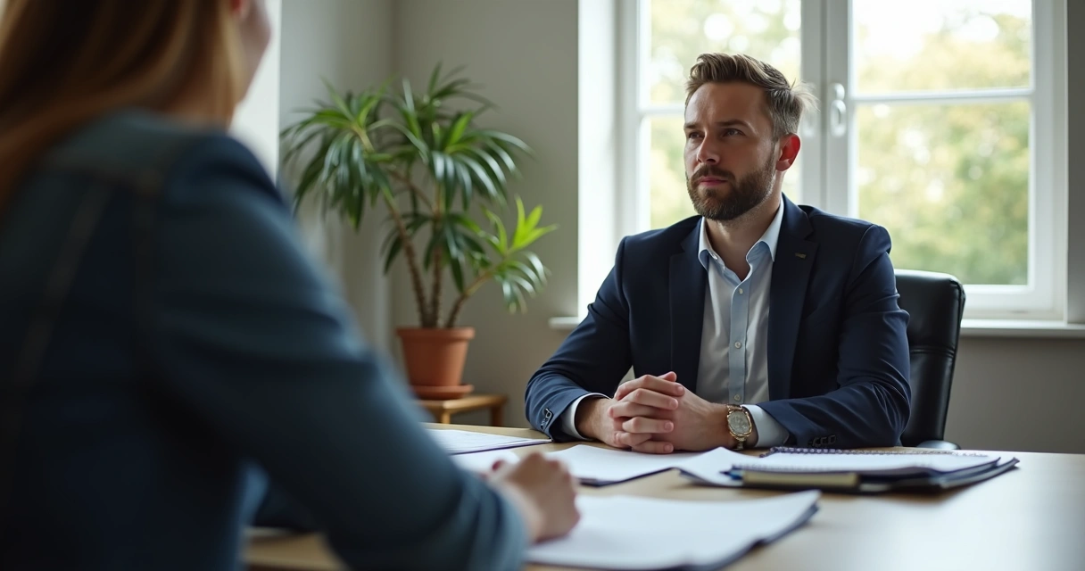 Leader listening to team member in private office