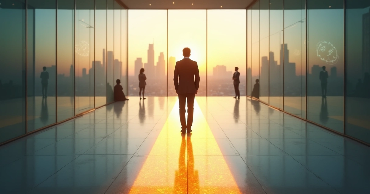 Business leader standing firm at crossroads with city skyline 