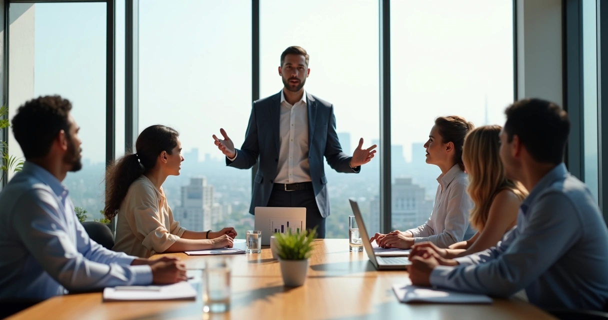 Leader guiding a diverse team in a calm meeting room 