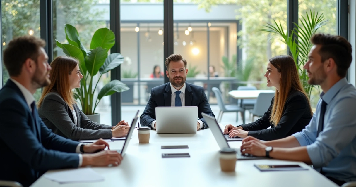 Business leaders sitting around a table, discussing openly with attentive body language 