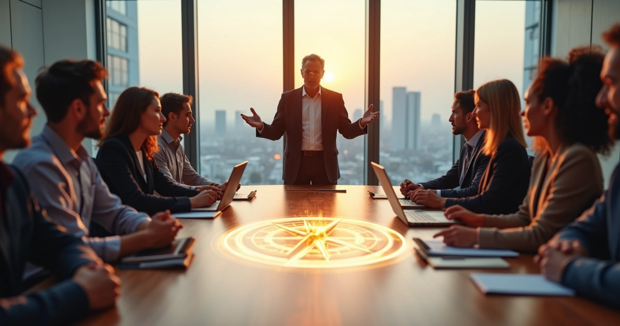 Diverse leadership team around a table with light forming a compass on the surface 