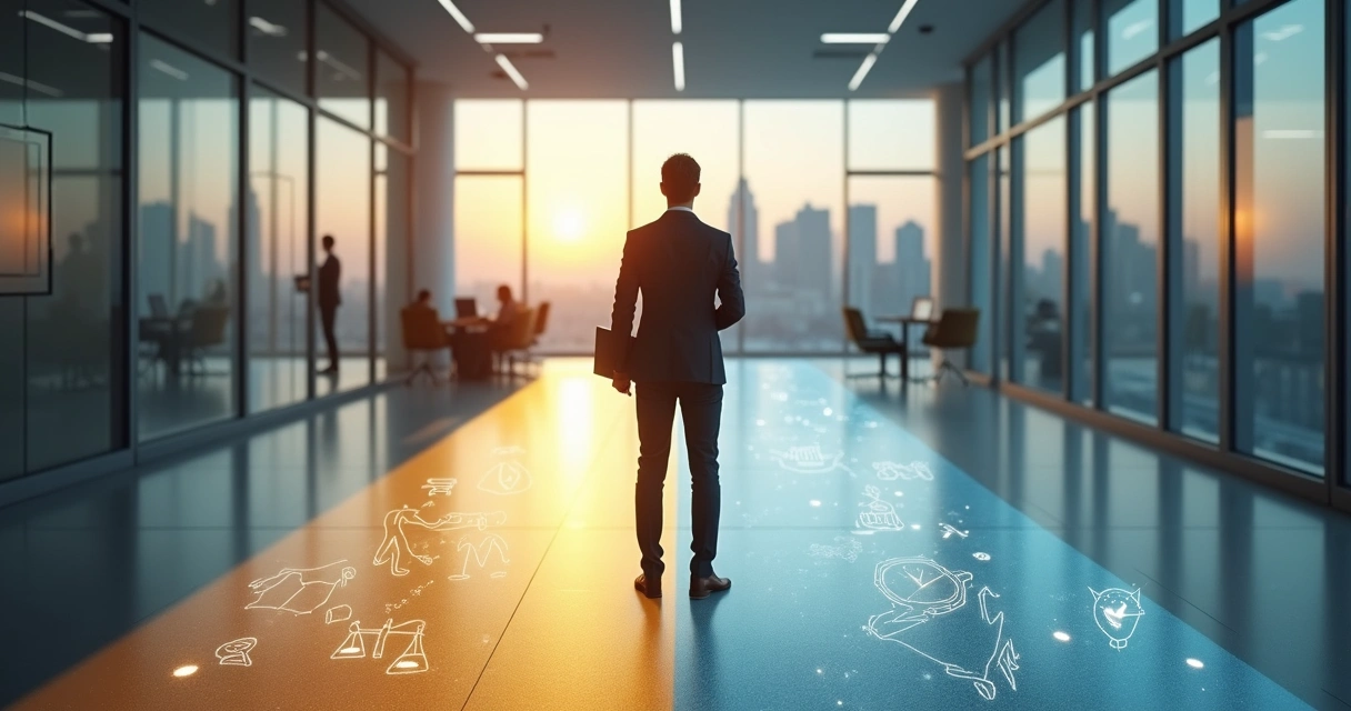 Professional at a crossroads weighing ethical decisions in a modern office 