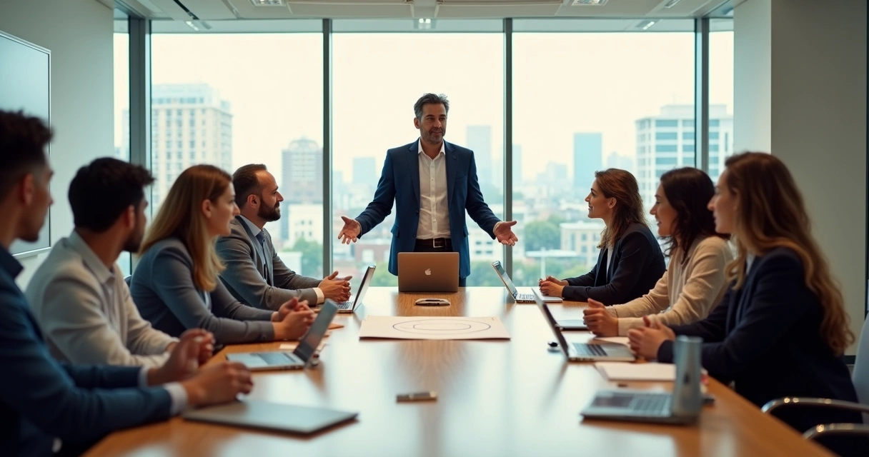 Diverse leader guiding a thoughtful discussion around a meeting table 