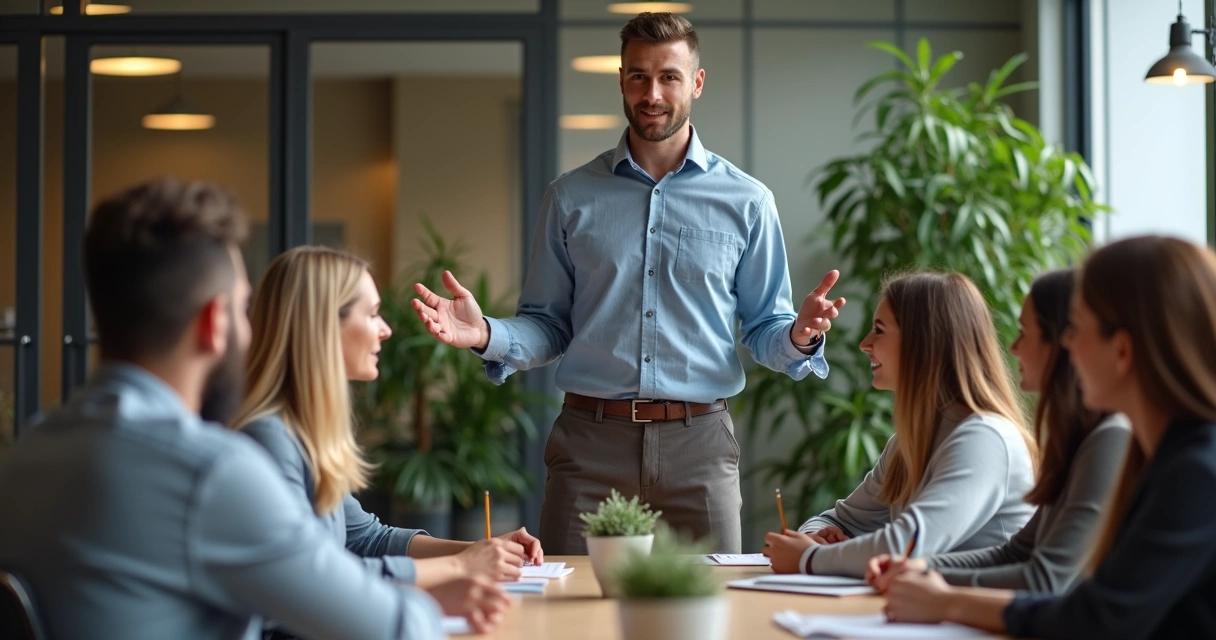 Team leader facilitating ethical discussion with open gestures