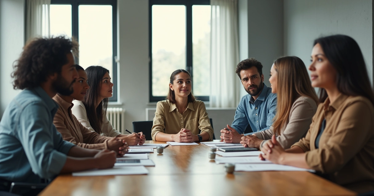 Team meeting with open discussion and balanced participation 
