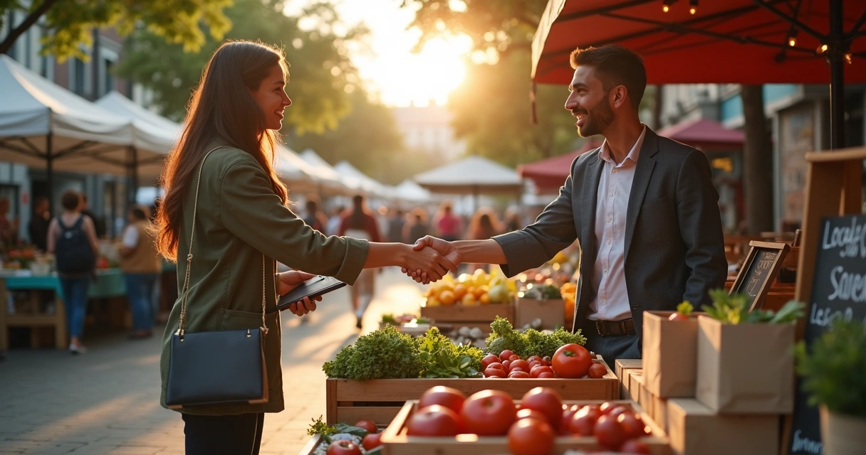 Local outdoor market buyer and vendor shaking hands over fresh goods 