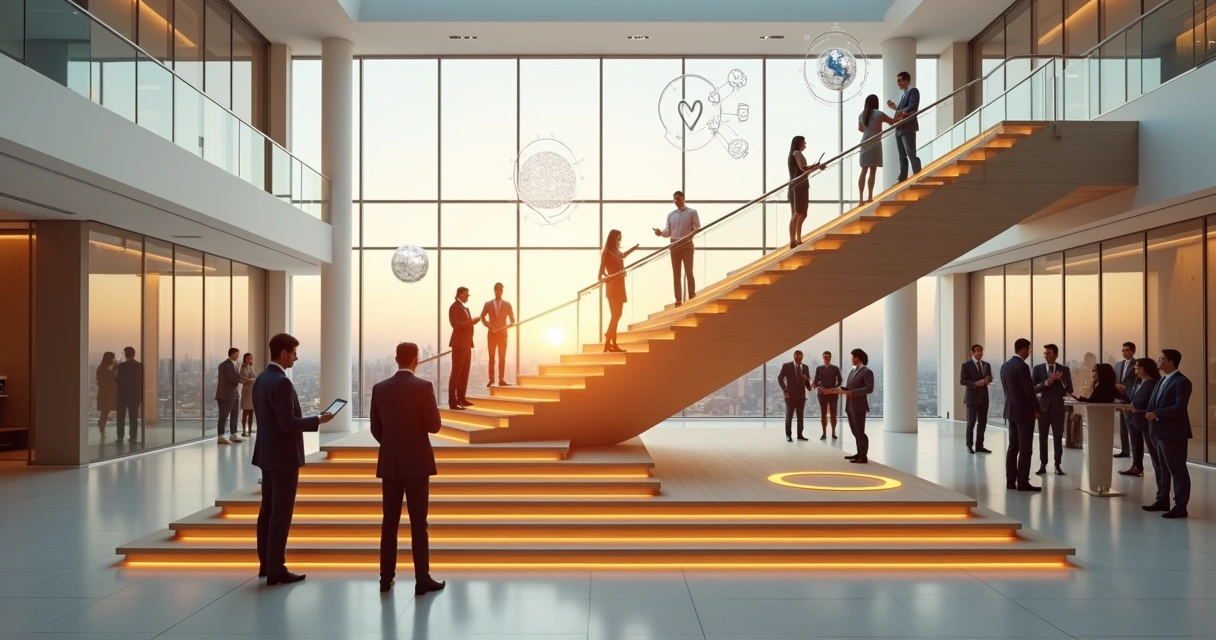 Five-level staircase inside modern office symbolizing ethical maturity stages 