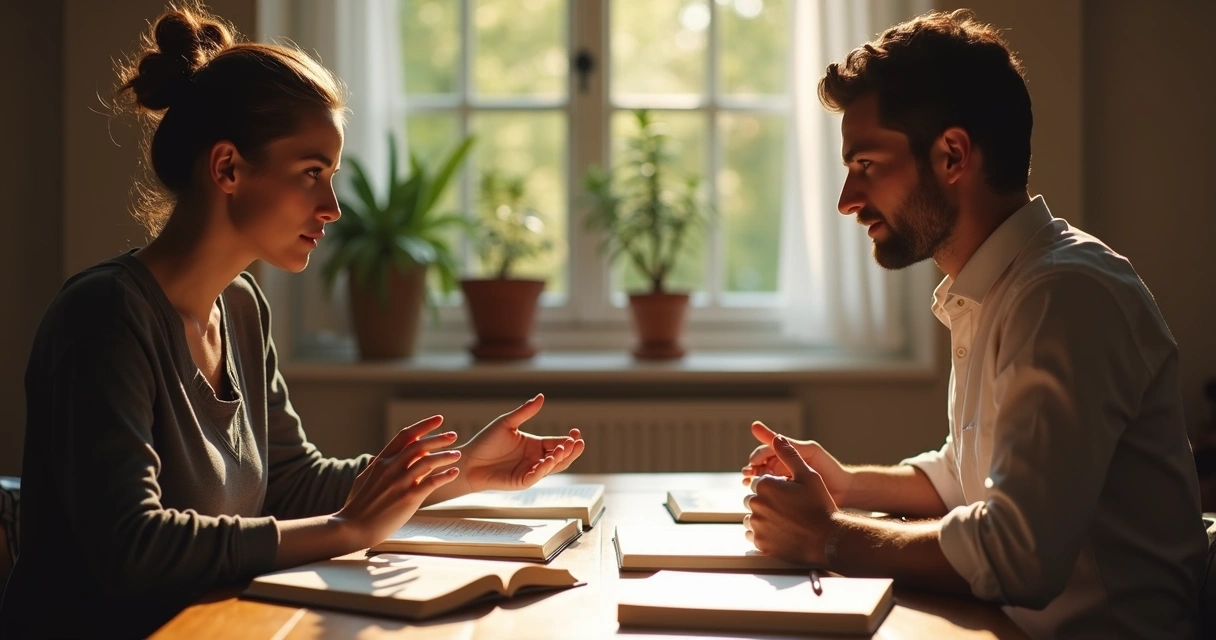 Two people in discussion at a table with books and notes 