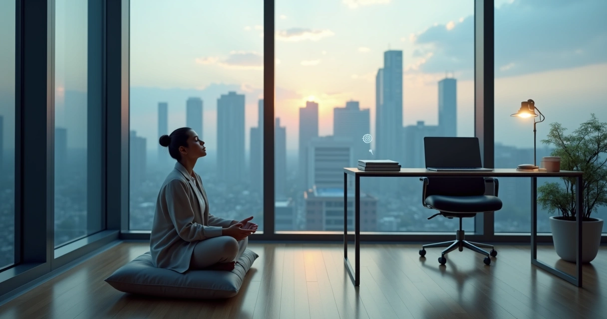 Professional meditating in office overlooking city at dawn 
