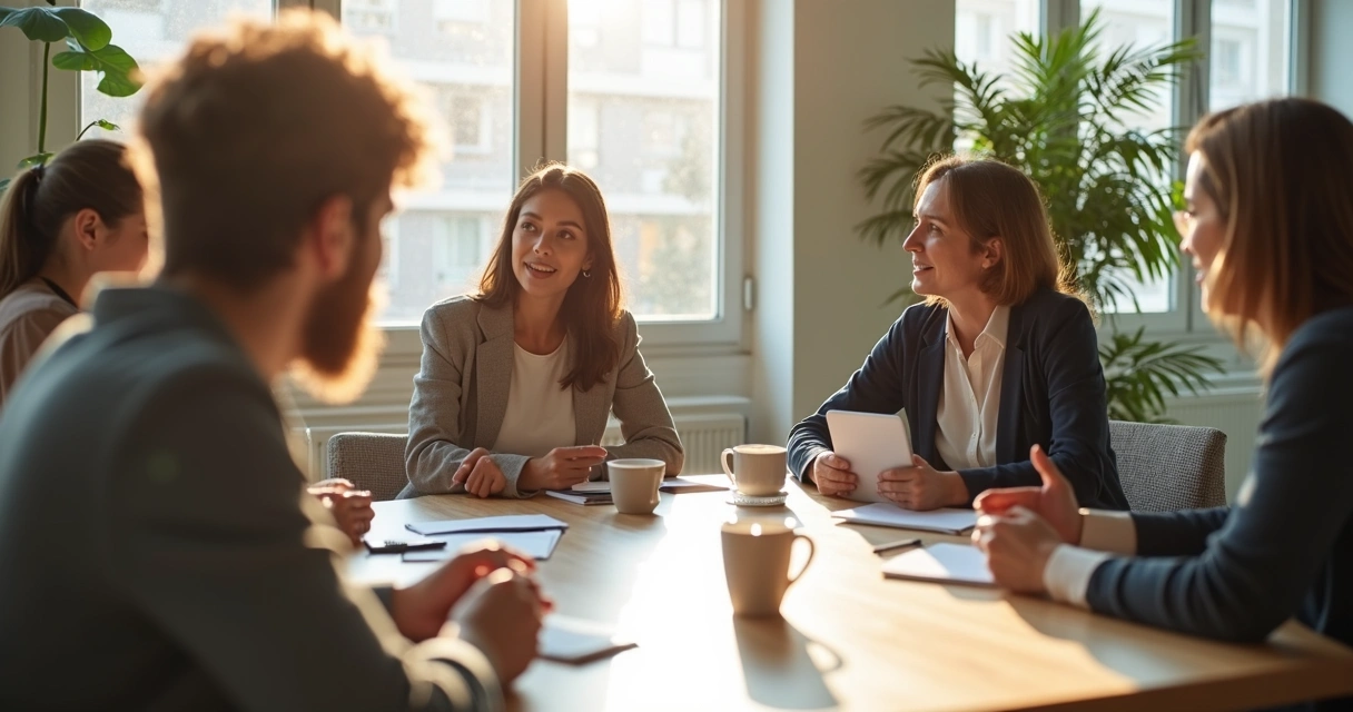 Group of diverse people at meeting table in open office space 