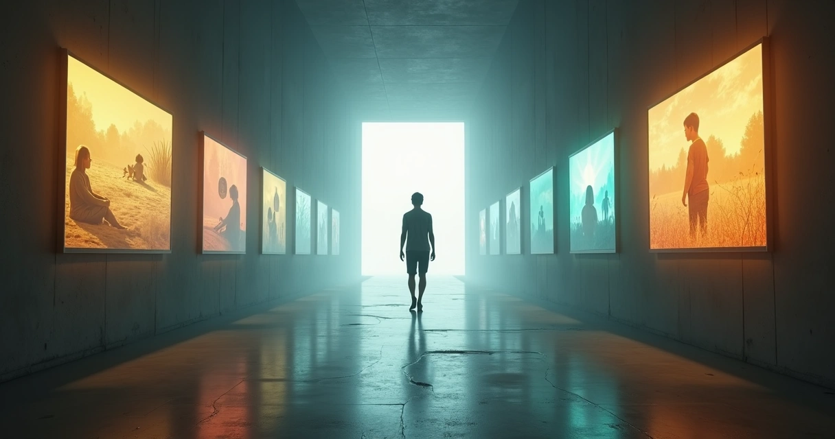 Person walking through a corridor of glowing memories toward a bright ethical choice 