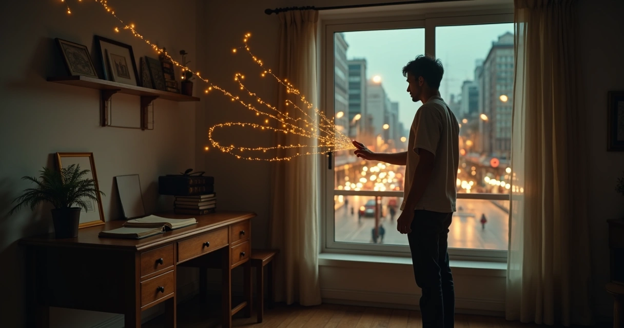 Person touching glowing memory strings leading from past room to present city window 