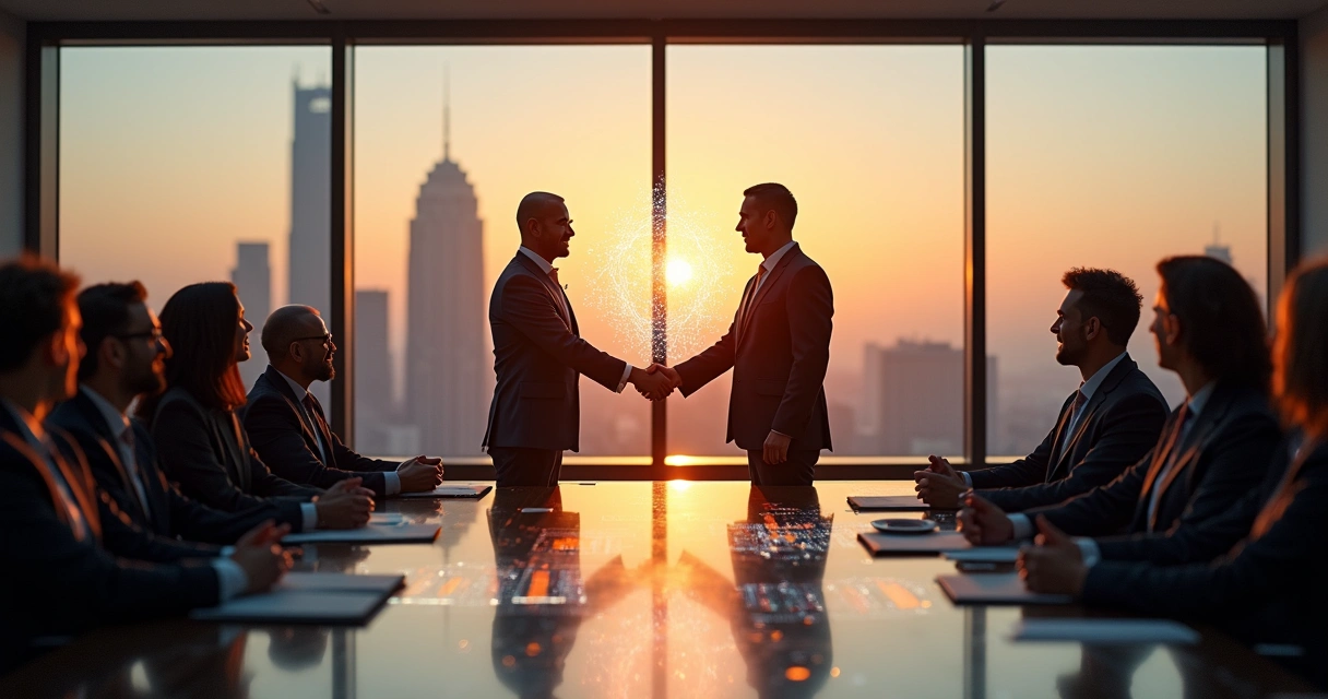 Executives from two companies shaking hands over a glowing human-shaped network between office skylines 