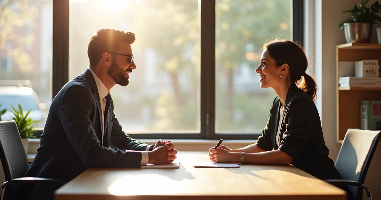 Manager and employee sitting at a table in a well-lit office, having a respectful conversation during offboarding