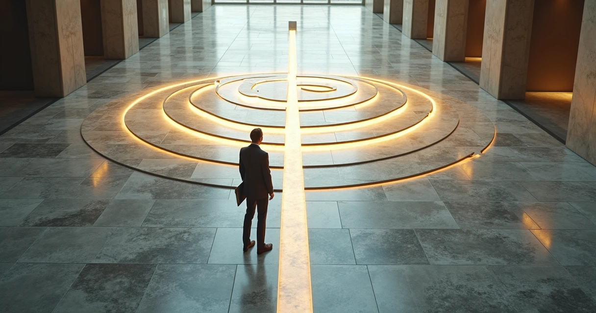 Aerial view of a person choosing a path through a glowing labyrinth 