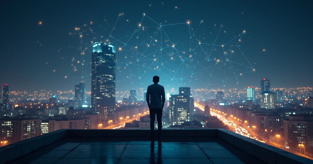 Person on rooftop observing glowing ethical patterns over the city 