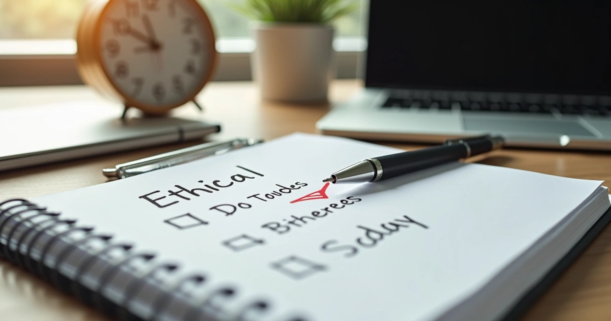 Notebook with ethical checklist beside a clock and laptop 