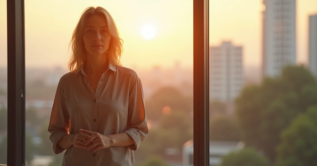Calm person standing in sunlight with soft focus city in the background 
