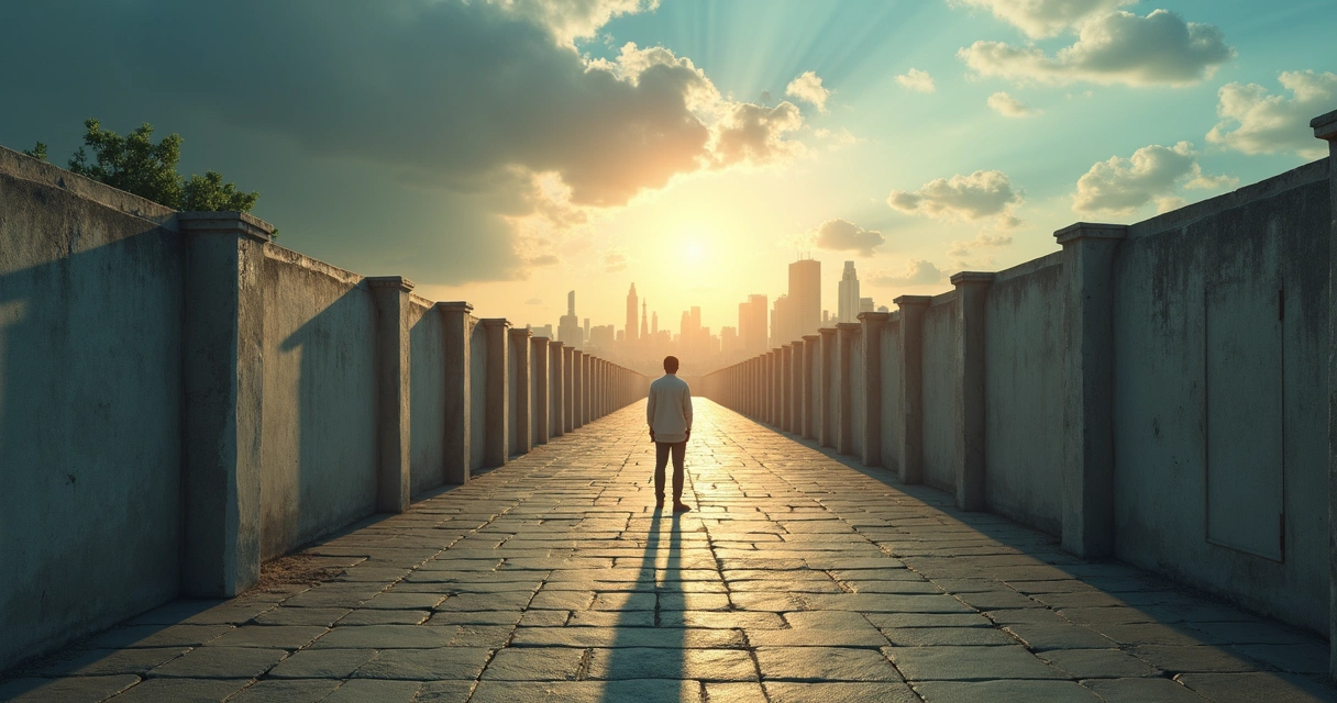 Person facing a path blocked by symbolic ethical barriers under a divided sky 