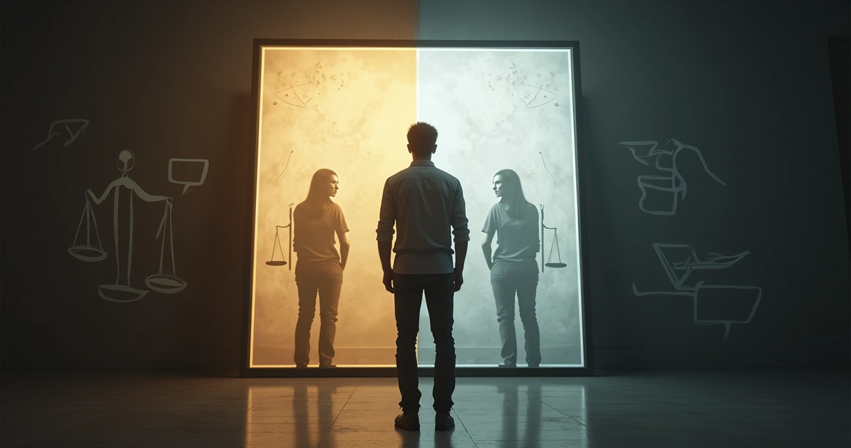 Person facing a mirror with a split scene of calm reflection and harsh judgment 